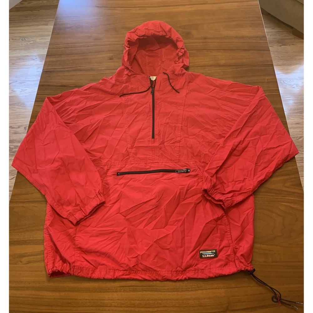 Vintage LL Bean Red Anorak Jacket Mens XL Hooded Half Zip Windbreaker 80s Nylon